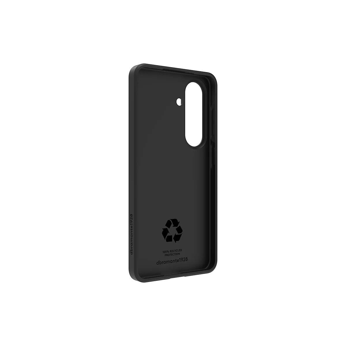 Schwarze Smartphone-Schutzhülle auf weißem Hintergrund. Innenansicht mit Aussparungen und Recycling-Symbol. Schriftzug: 100% RECYCLED PROTECTION. dbrand. 