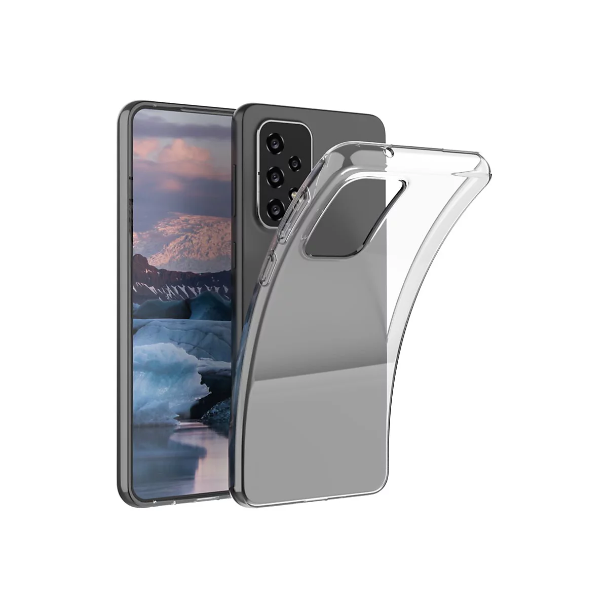 Smartphone mit transparenter Schutzhülle, Hintergrund Landschaft.