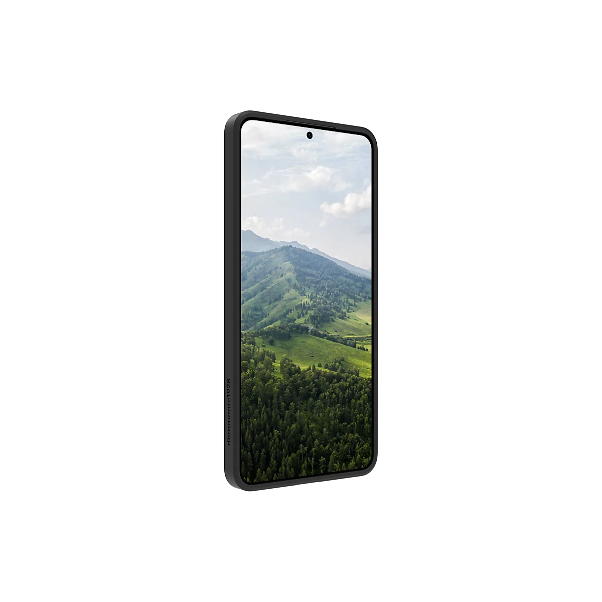 Schwarzes Smartphone mit Berglandschaft als Hintergrund. Das Telefon hat eine schwarze Hülle, der Markenname ist an der Seite zu sehen.