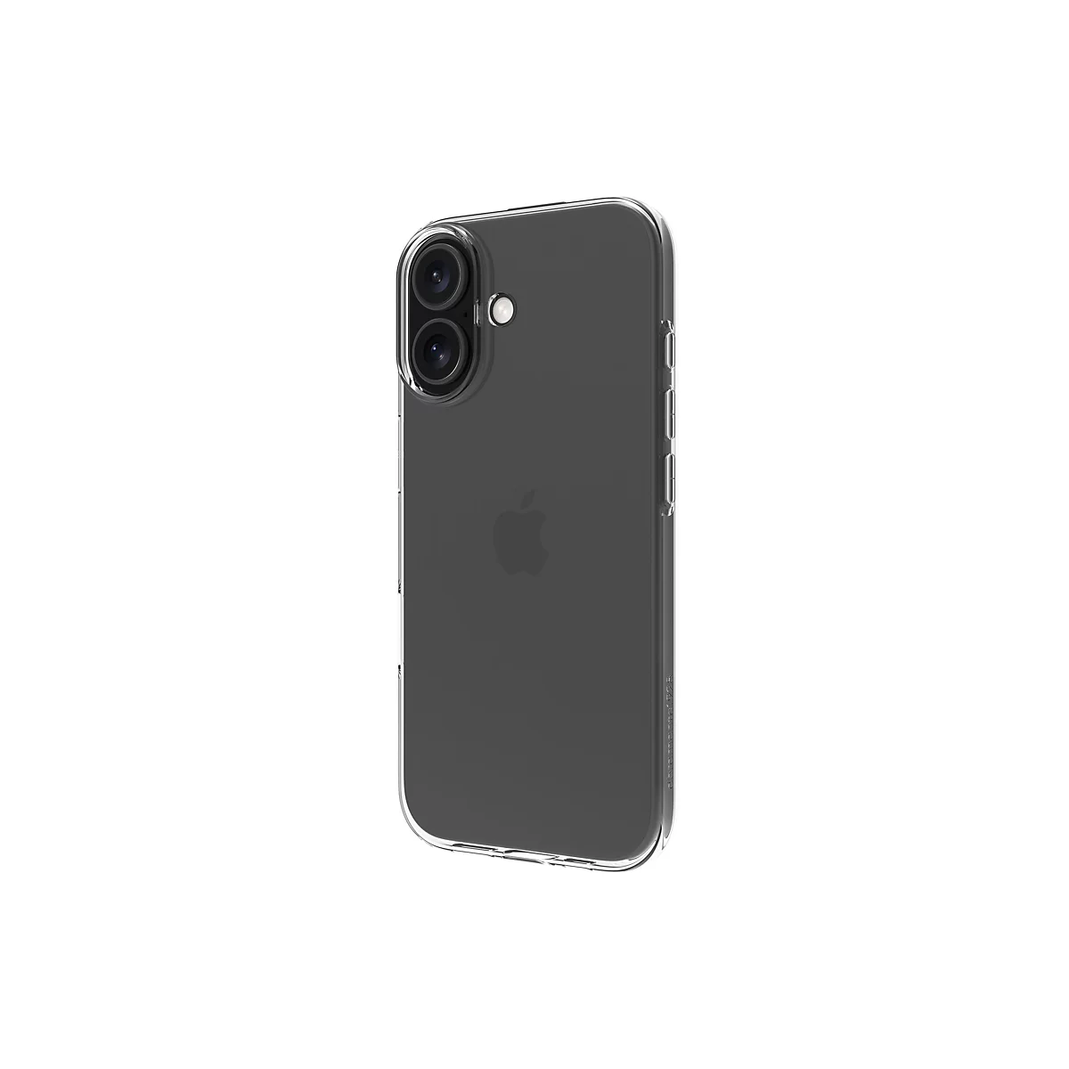 Ein durchsichtiges Handycase mit dem Apple-Logo auf einem grauen Hintergrund.