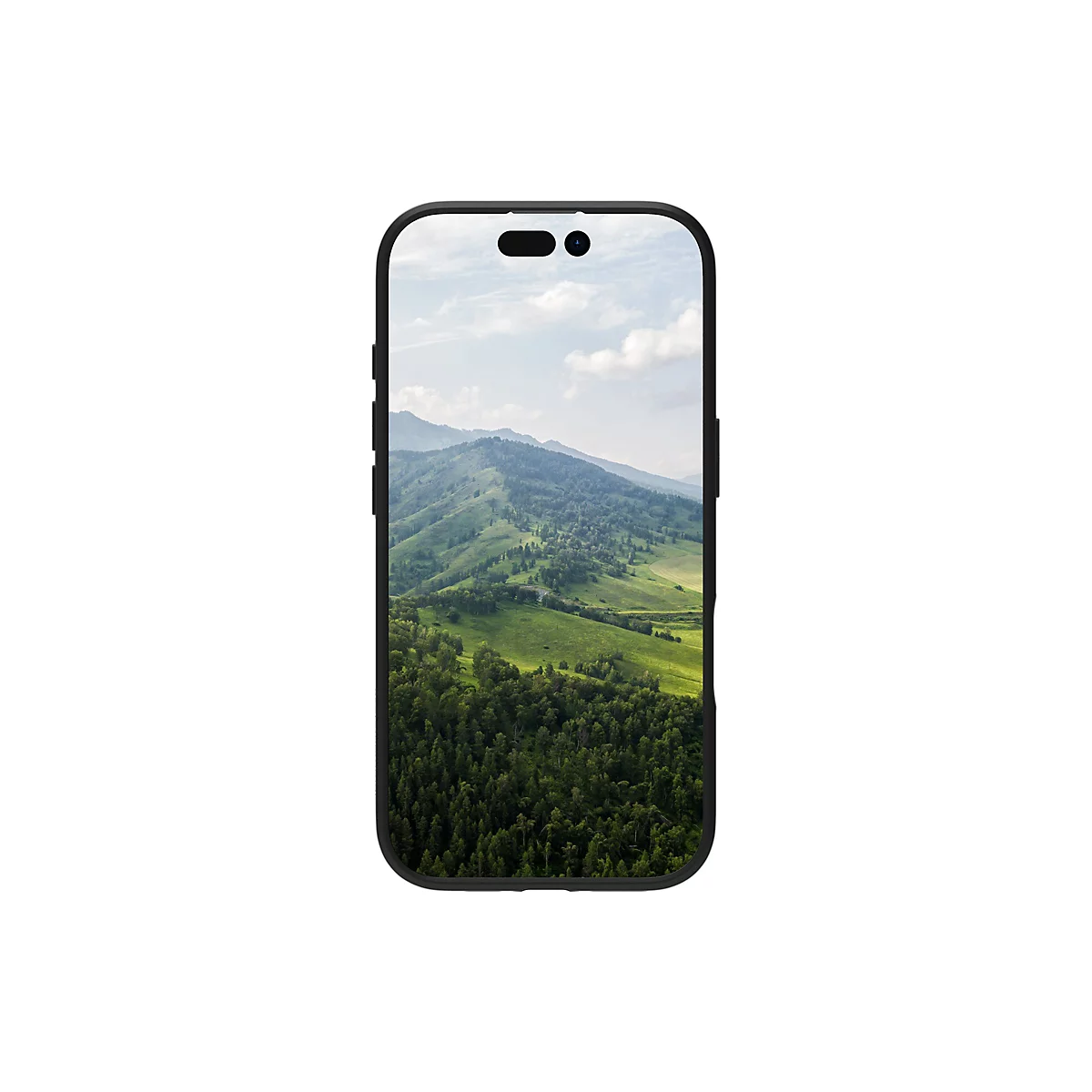 Ein Smartphone zeigt eine grüne Berglandschaft unter blauem Himmel. Das Handy ist schwarz umrandet.