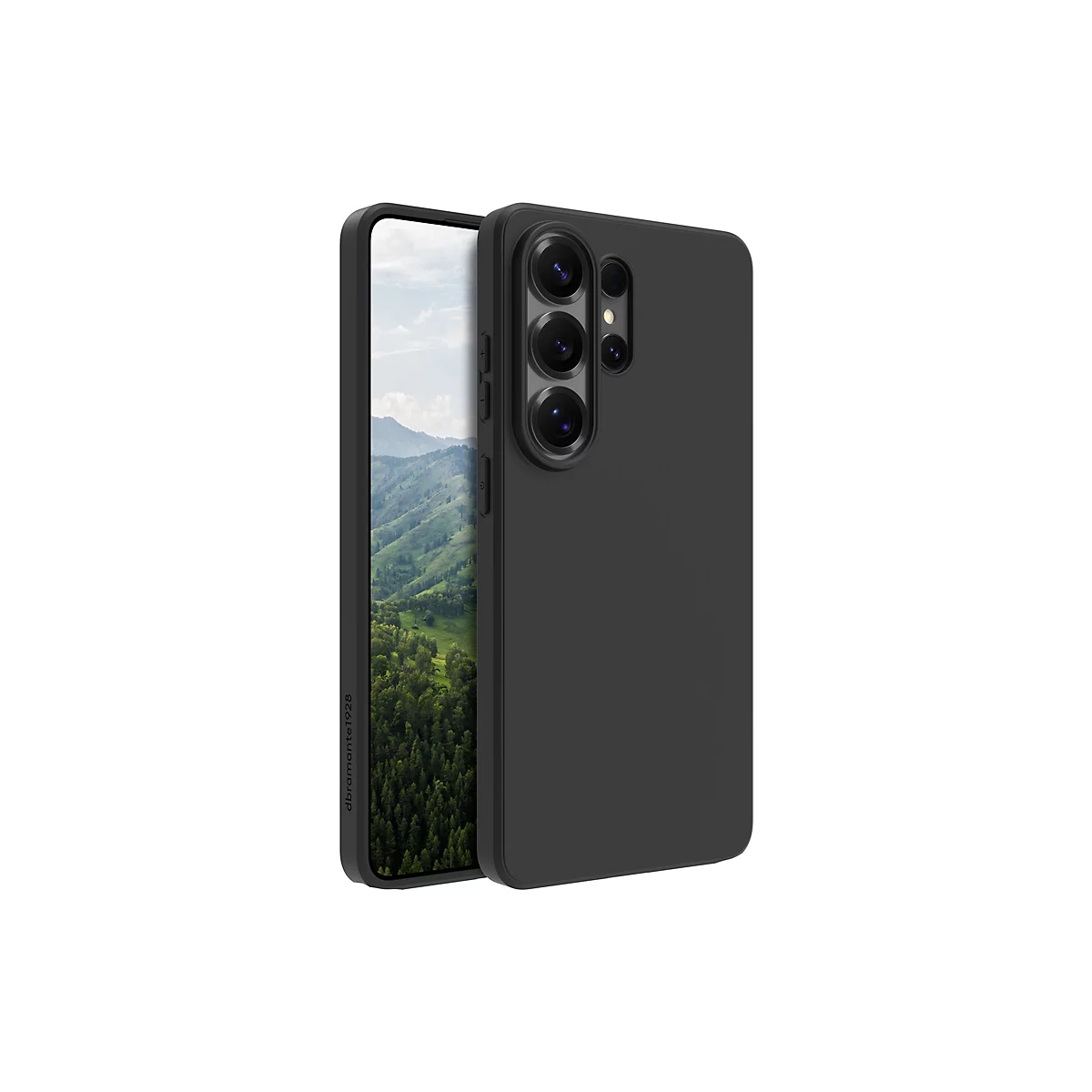 Schwarzes Smartphone mit Hülle, leicht schräg gestellt. Auf dem Display ist eine Landschaft zu sehen. Auf der Hülle ist der Schriftzug „dbramante1928“ abgebildet.