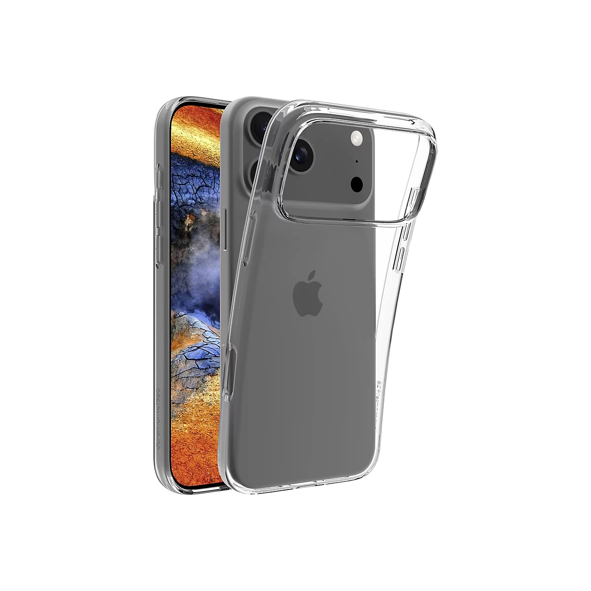 Ein iPhone mit einer transparenten Schutzhülle, vor weißem Hintergrund. Der Hintergrund des Bildschirms zeigt eine Landschaft.