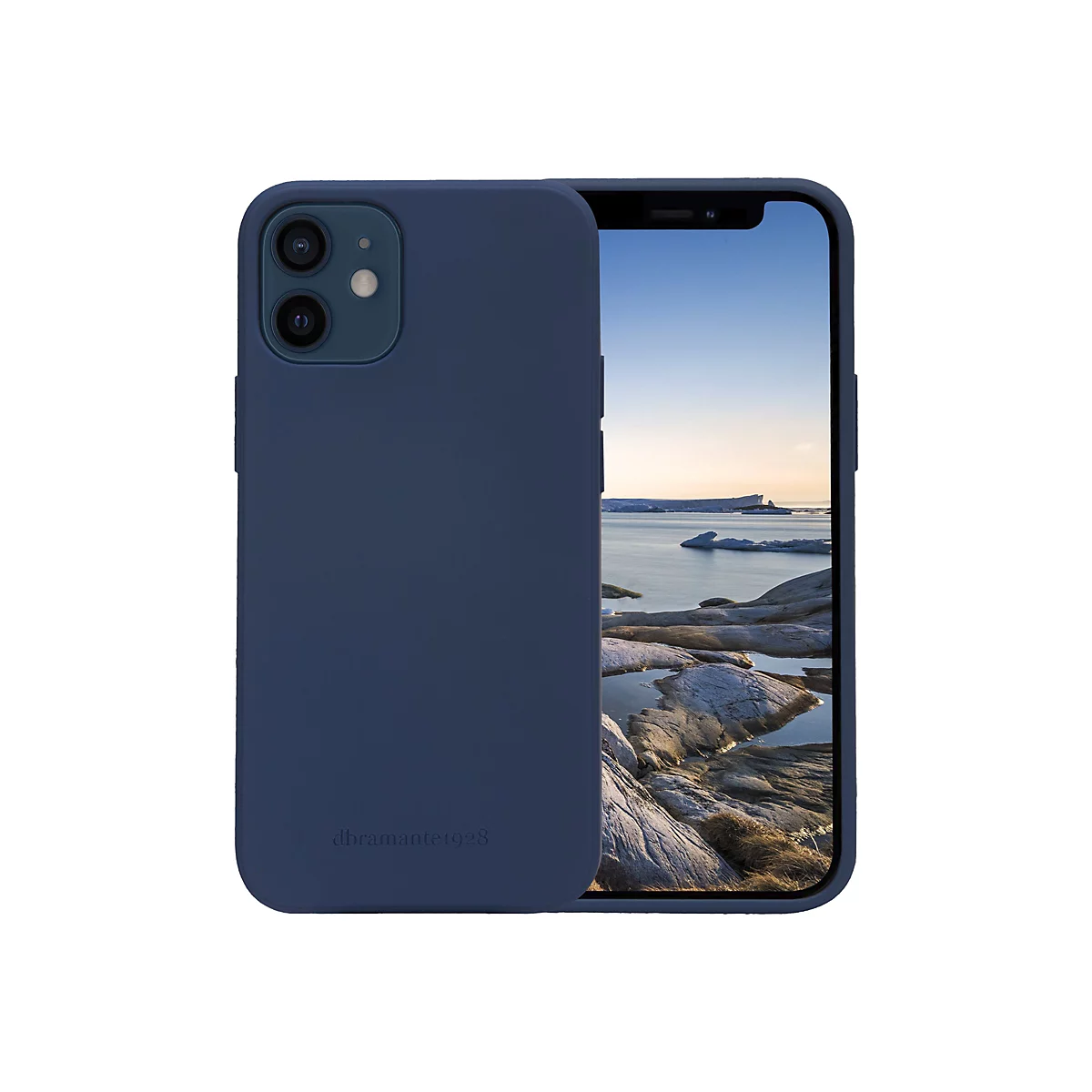 Dunkelblaues iPhone mit Hülle, auf dem Display eine Landschaft. Auf der Hülle steht 'dbrante1928'.