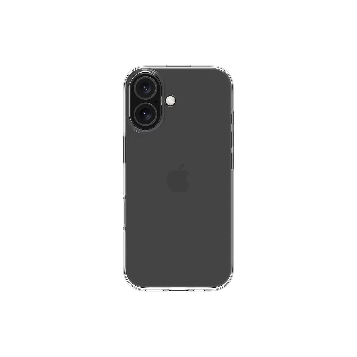 Ein graues Smartphone, umhüllt von einer transparenten Hülle, vor weißem Hintergrund. Die Rückseite zeigt eine Dual-Kamera und das Apple-Logo.