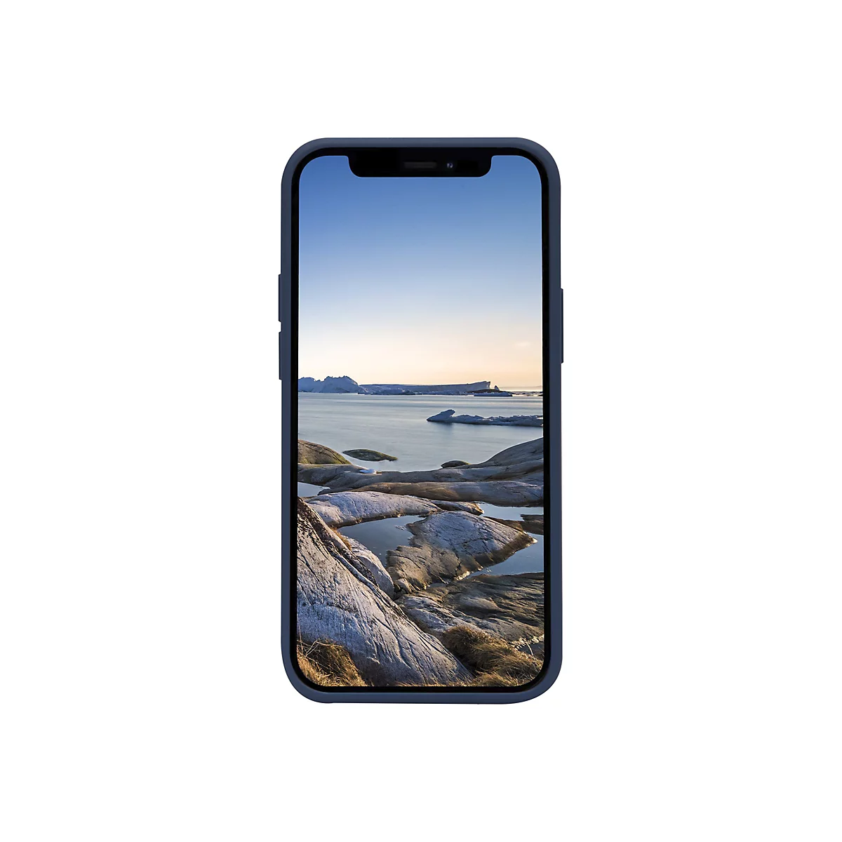 Blaues Smartphone zeigt Landschaft: Felsen, Meer, Eisberge, blauer Himmel.