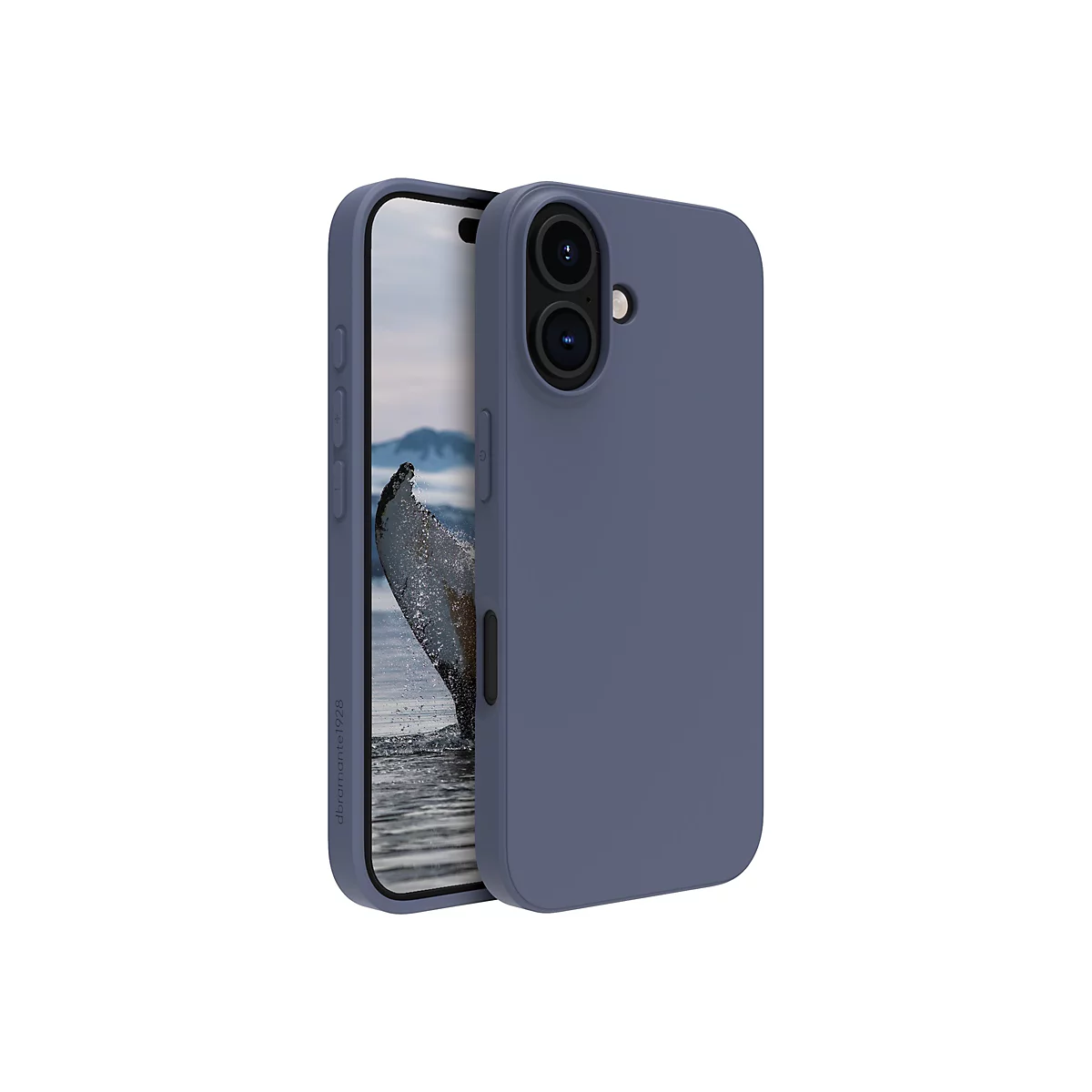 Blaues Smartphone Case, das ein Smartphone teilweise umschließt. Auf dem Display ist eine Landschaft mit Wasser und Bergen zu sehen.