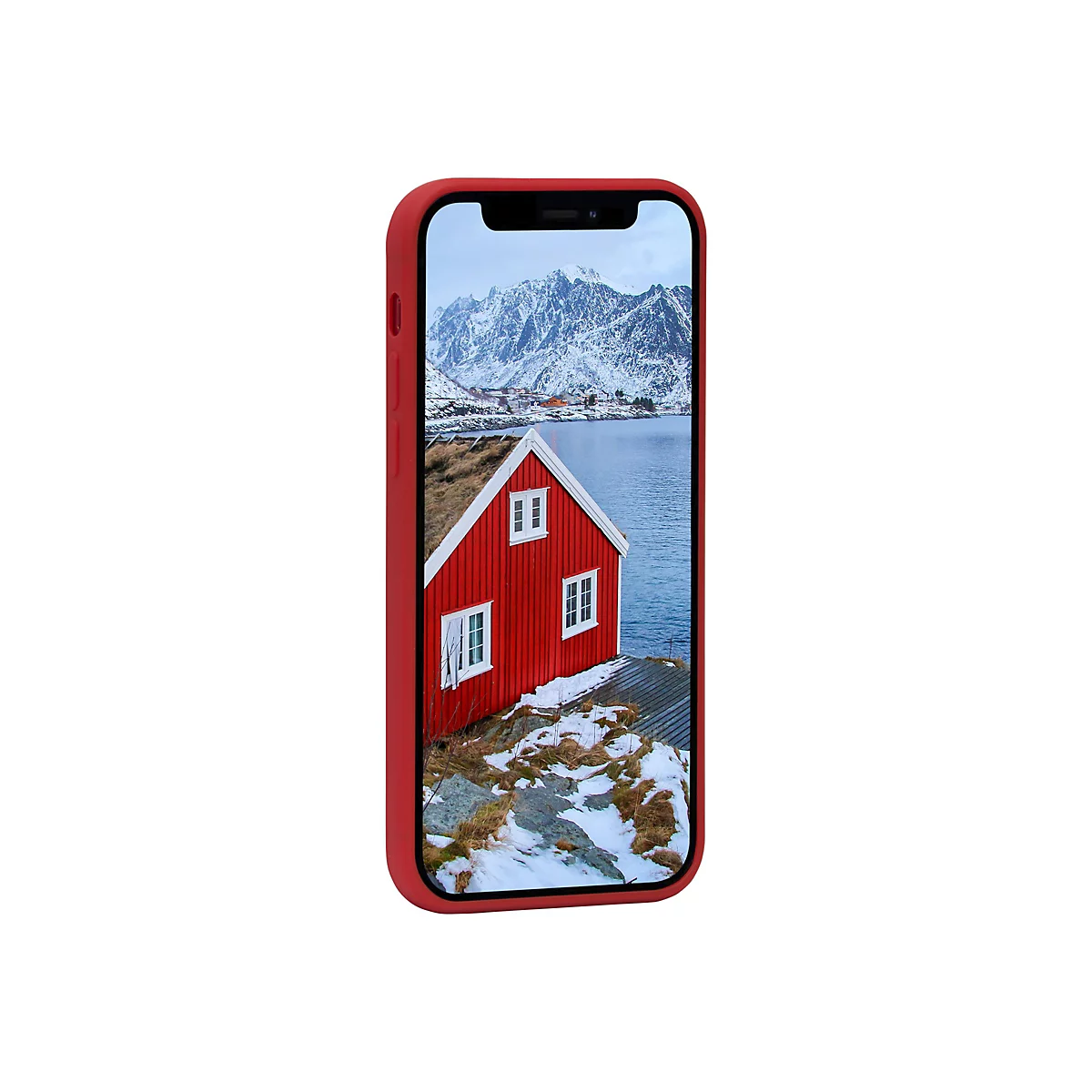 Rotes Handycase, welches ein Foto eines roten Hauses vor verschneiten Bergen und Meer zeigt.