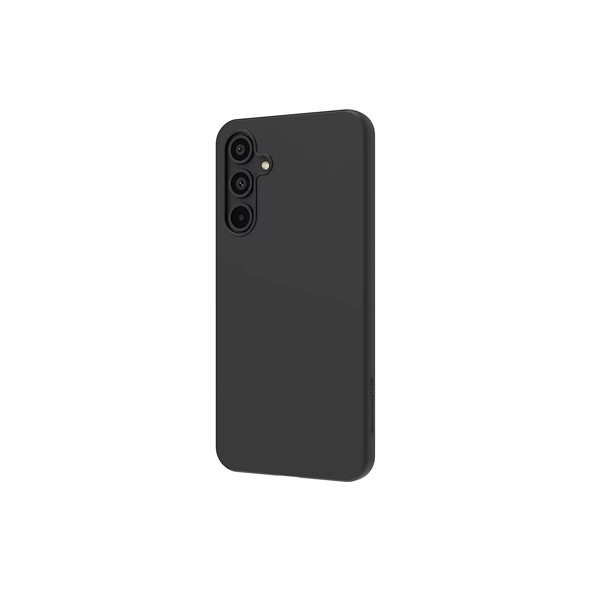 Schwarze Handyhülle mit drei Kameraaussparungen auf weißem Hintergrund.
