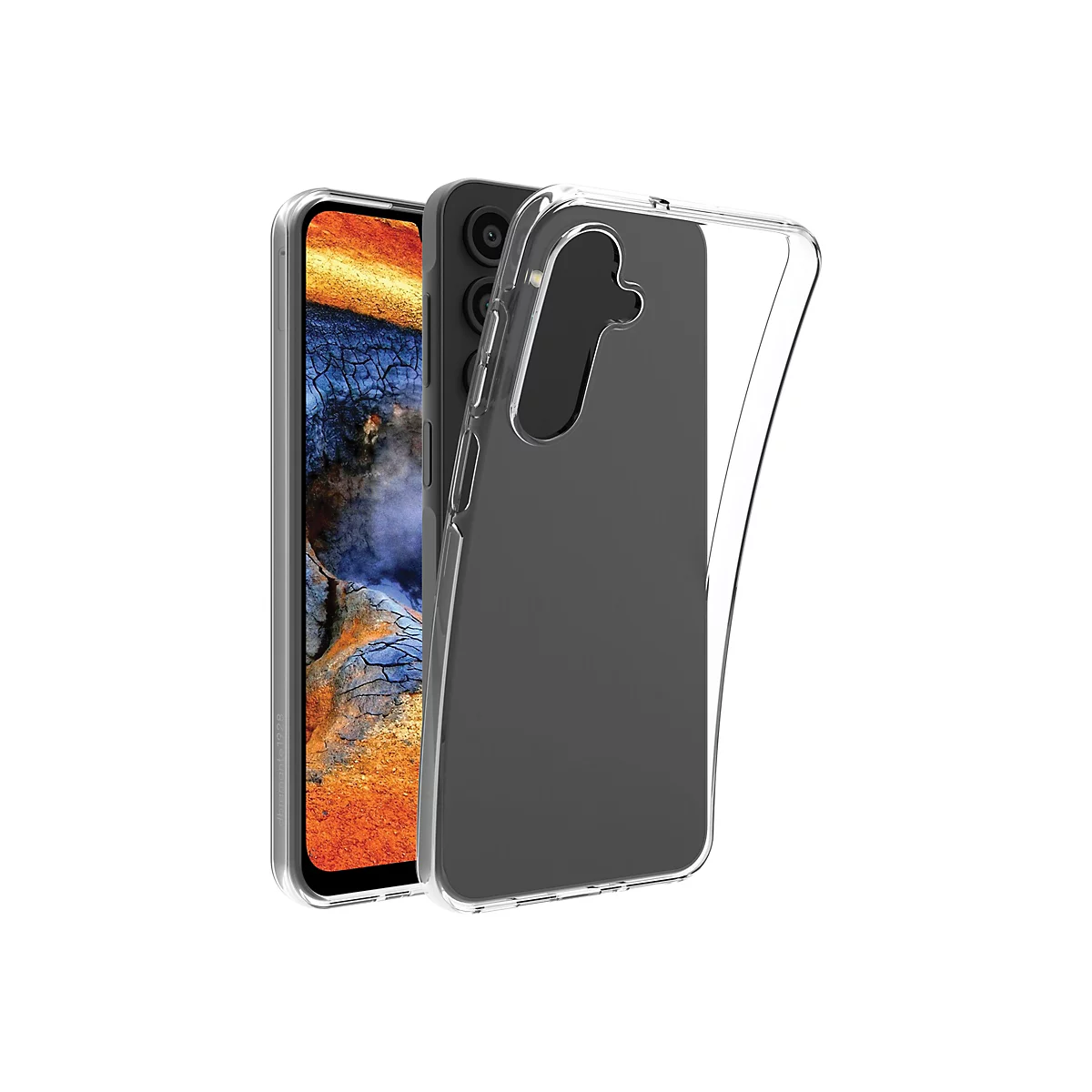 Ein Mobiltelefon mit einer durchsichtigen Schutzhülle. Das Handy und die Hülle stehen vor weißem Hintergrund.