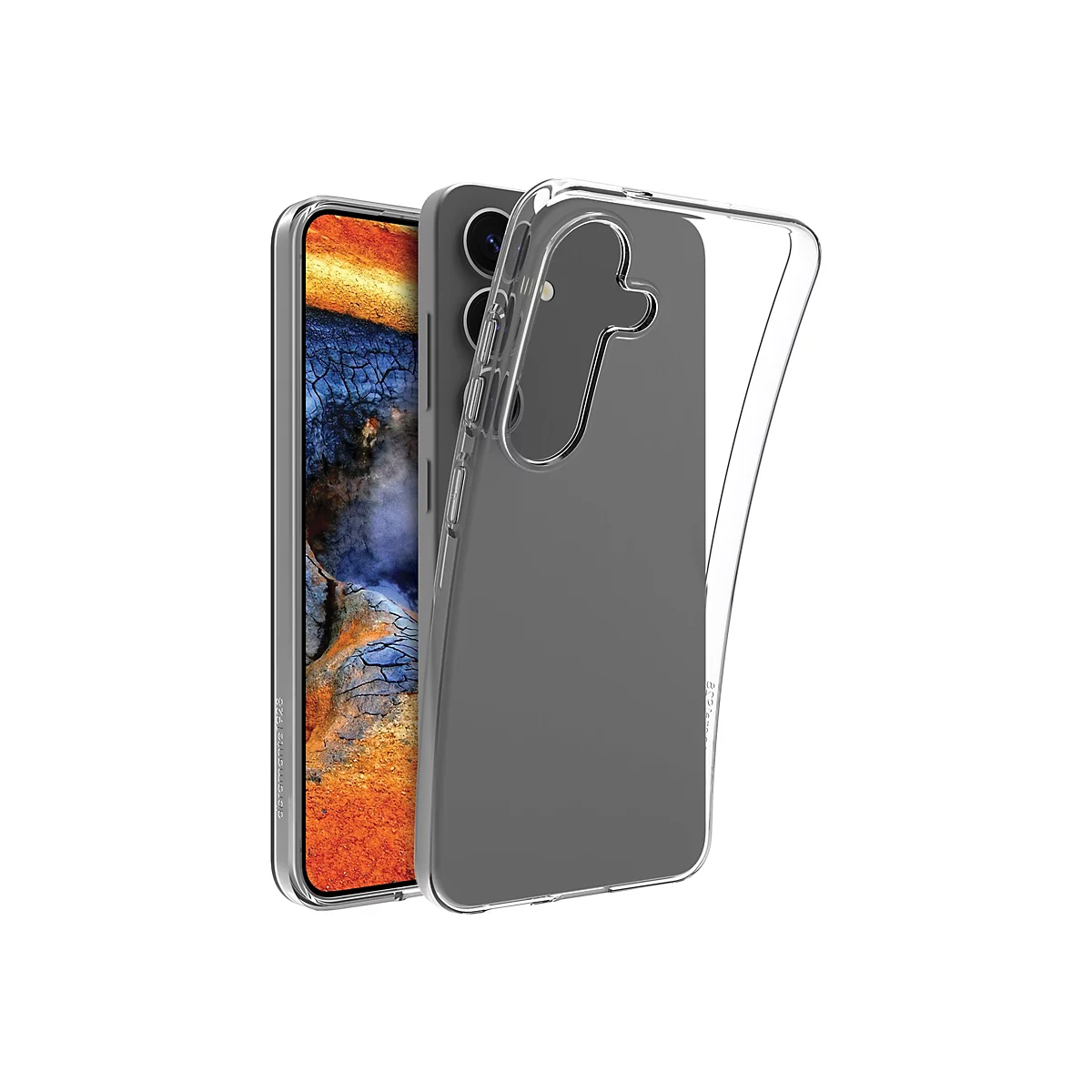 Ein Mobiltelefon mit angebrachter, transparenten Schutzhülle. Rechts daneben eine weitere Hülle.