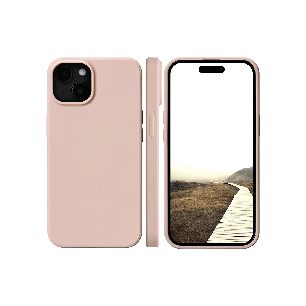 Hellrosa Handyhülle für ein Smartphone, im 3/4-Profil, sowie Frontalansicht. Auf dem Bildschirm ist ein Weg durch eine Landschaft zu sehen.