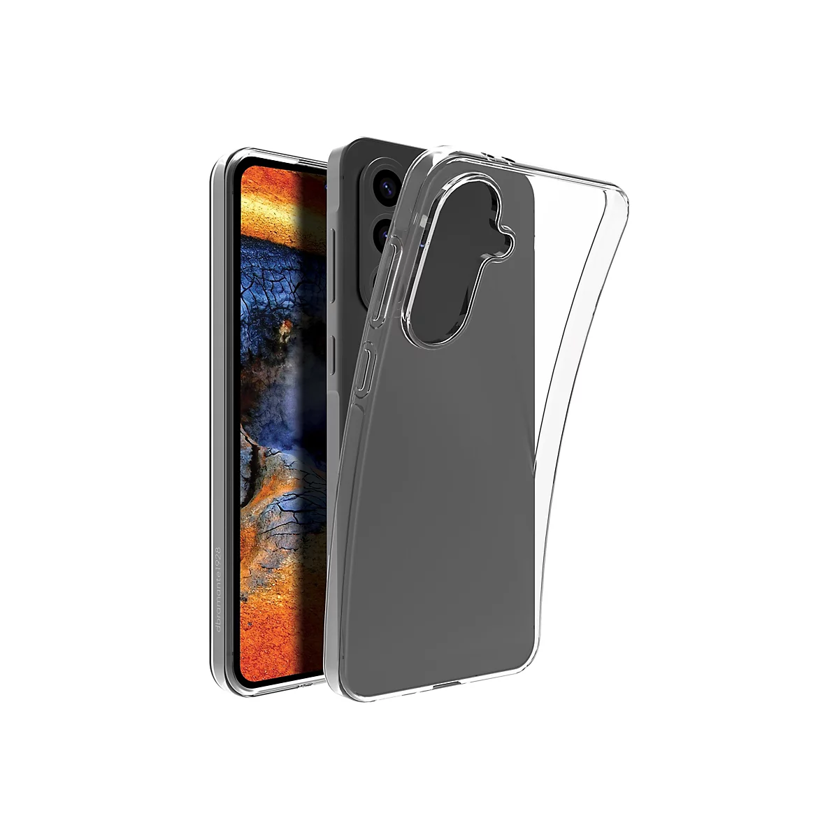 Ein durchsichtiges Handycase liegt über einem Smartphone, beide auf weißem Grund. Das Display zeigt eine bunte Grafik. Der transparente Schutz wirkt stabil.