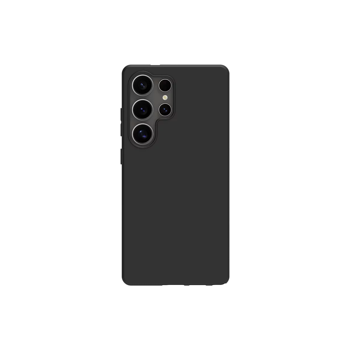 Schwarzes Smartphone mit Schutzhülle. Auf der Rückseite sind mehrere Kameraobjektive zu sehen.