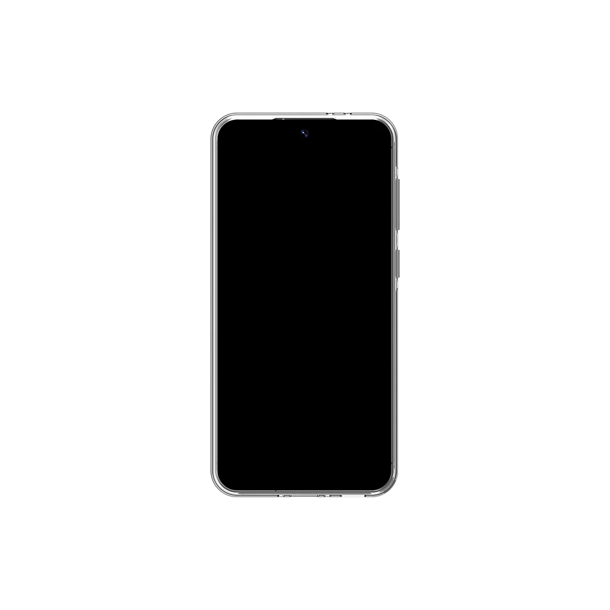 Ein Smartphone, Bildschirm schwarz, in durchsichtiger Schutzhülle, vor weißem Hintergrund.