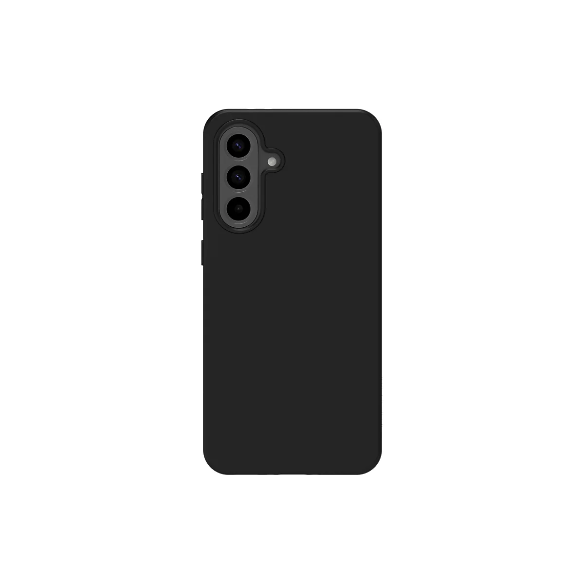 Schwarze Handyhülle vor weißem Hintergrund. Drei Kameras und ein Blitz auf der Rückseite.