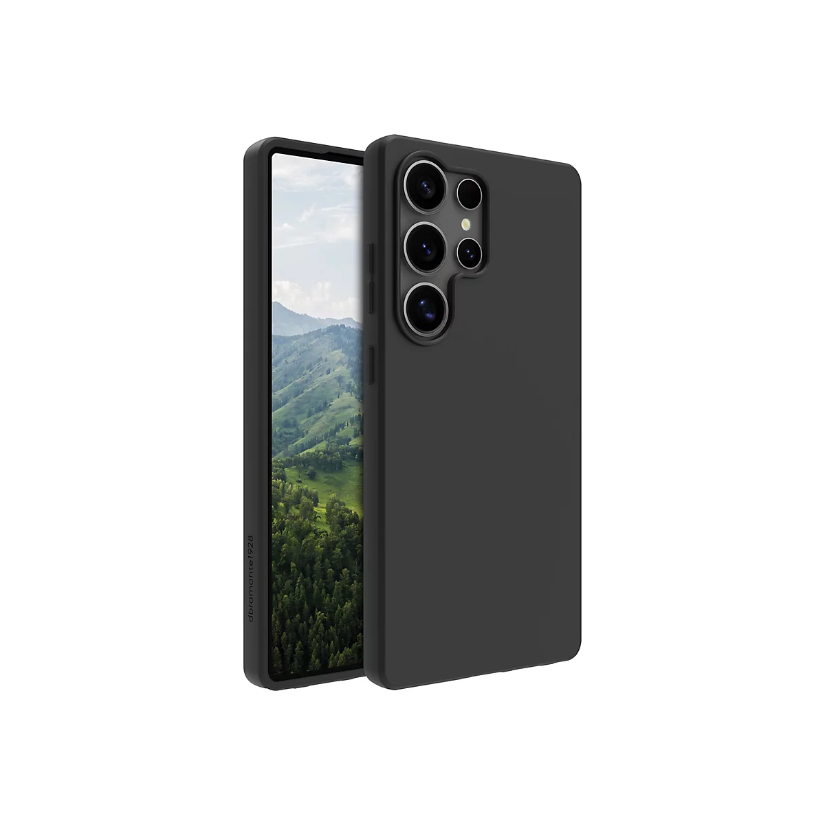 Schwarze Handyhülle mit Handy, zeigt Landschaftsbildschirm. Auf der Hülle sind drei Kameralinsen zu sehen.