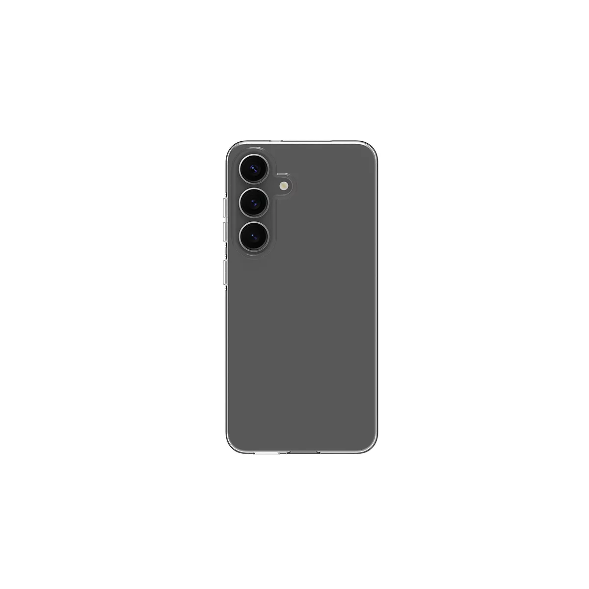 Dunkelgraues Smartphone-Rückseite mit drei Objektiven und einem Blitz, vor weißem Hintergrund.