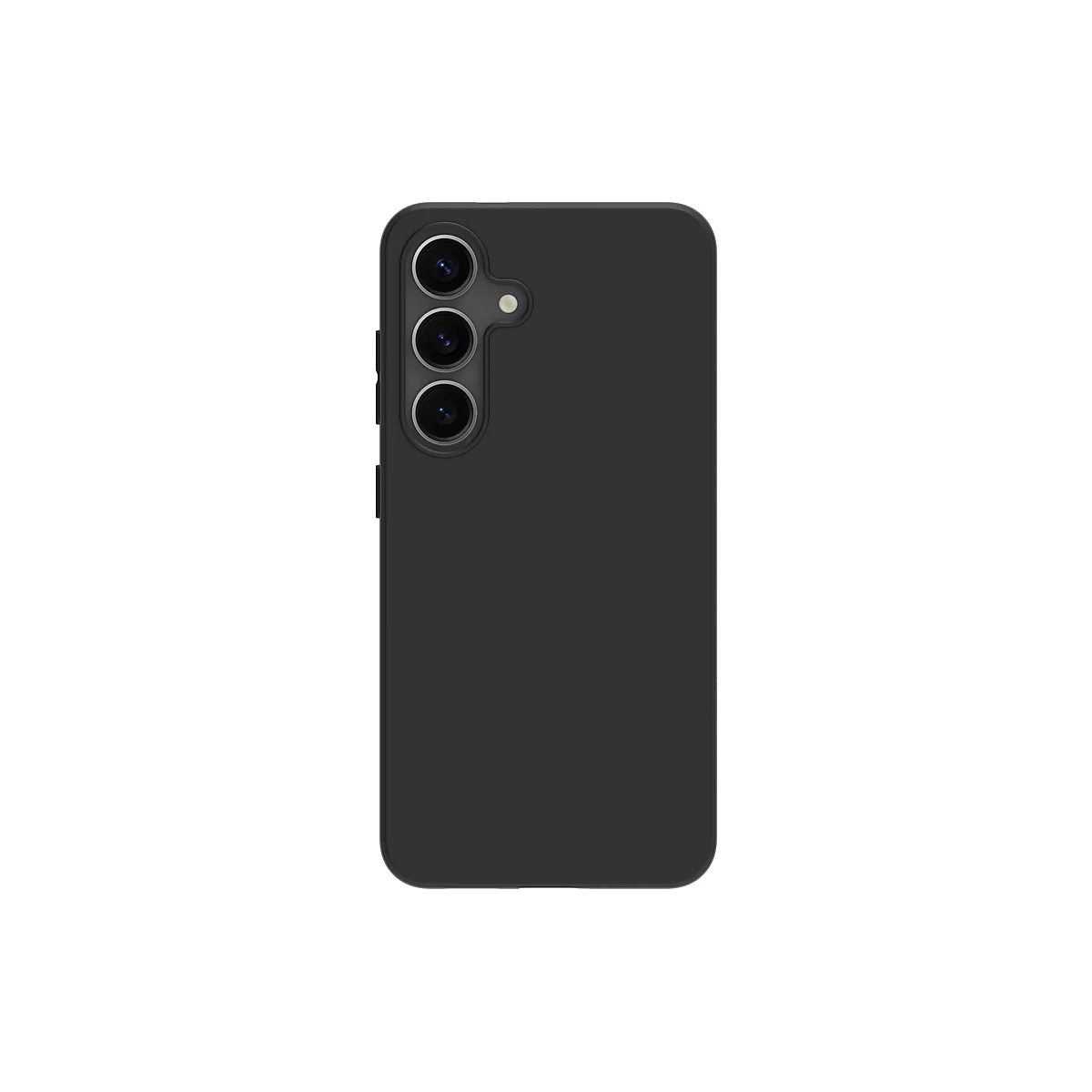 Schwarze Smartphonehülle mit drei Kameralinsen und Tasten an der Seite, vor weißem Hintergrund.