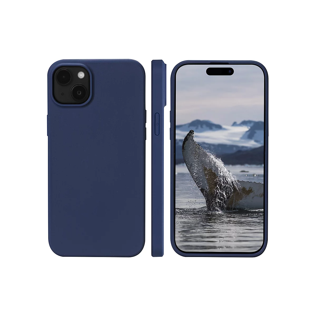 Drei Ansichten eines blauen Handycases und eines Smartphones. Auf dem Bildschirm ist ein Wal im Meer zu sehen.