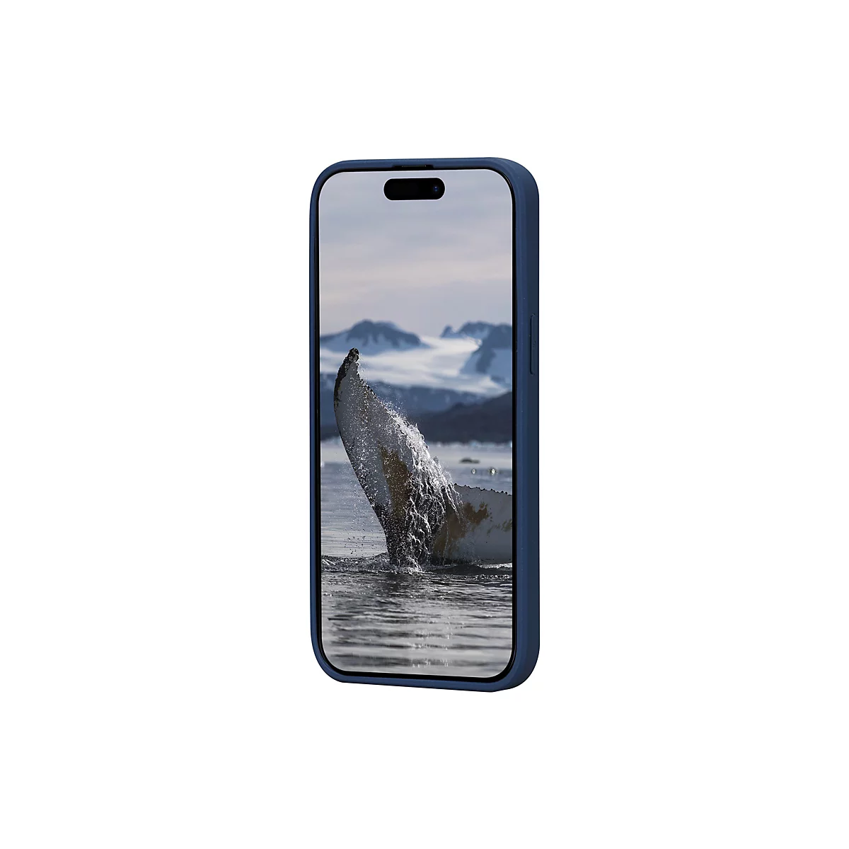 Ein Handy mit einem Bild eines Wals, der aus dem Wasser springt, vor einer bergigen Landschaft.