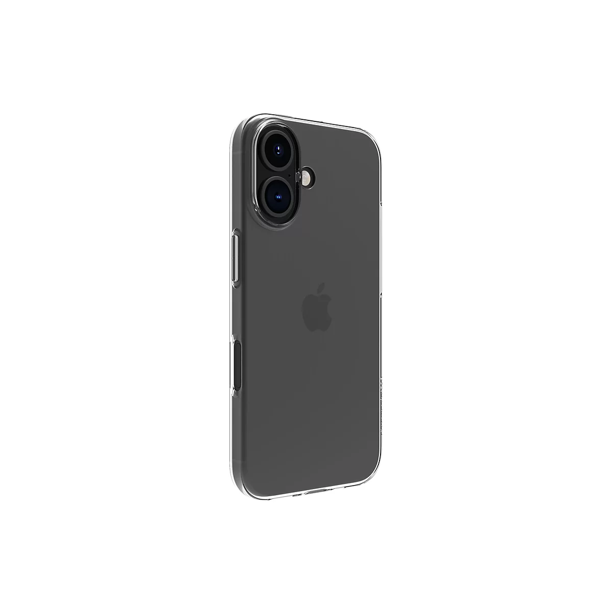Un étui de téléphone transparent protège un iPhone noir. Les objectifs de l'appareil photo et le logo Apple sont clairement visibles.