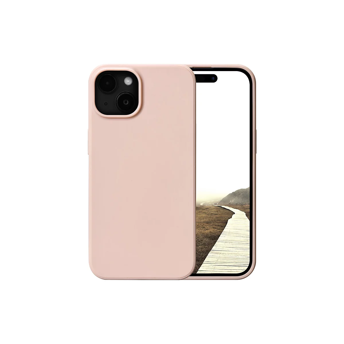 Ein rosafarbenes Smartphone mit einer Hülle, die einen weißen Hintergrund hat, auf dem ein Steg zu sehen ist.