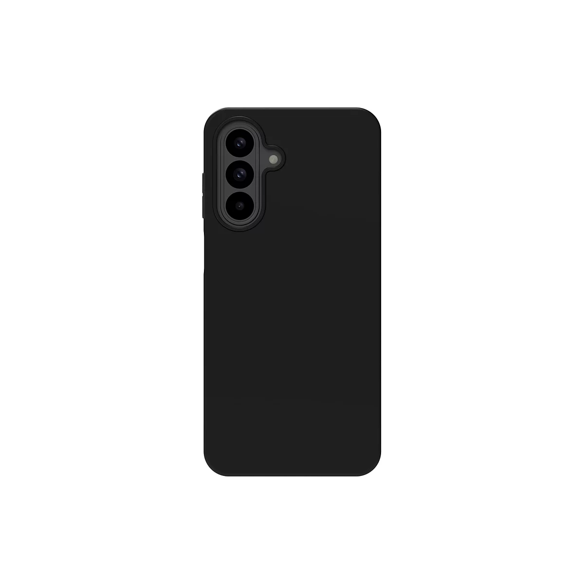 Schwarze Handyhülle mit drei Kameraobjektiven vor weißem Hintergrund.