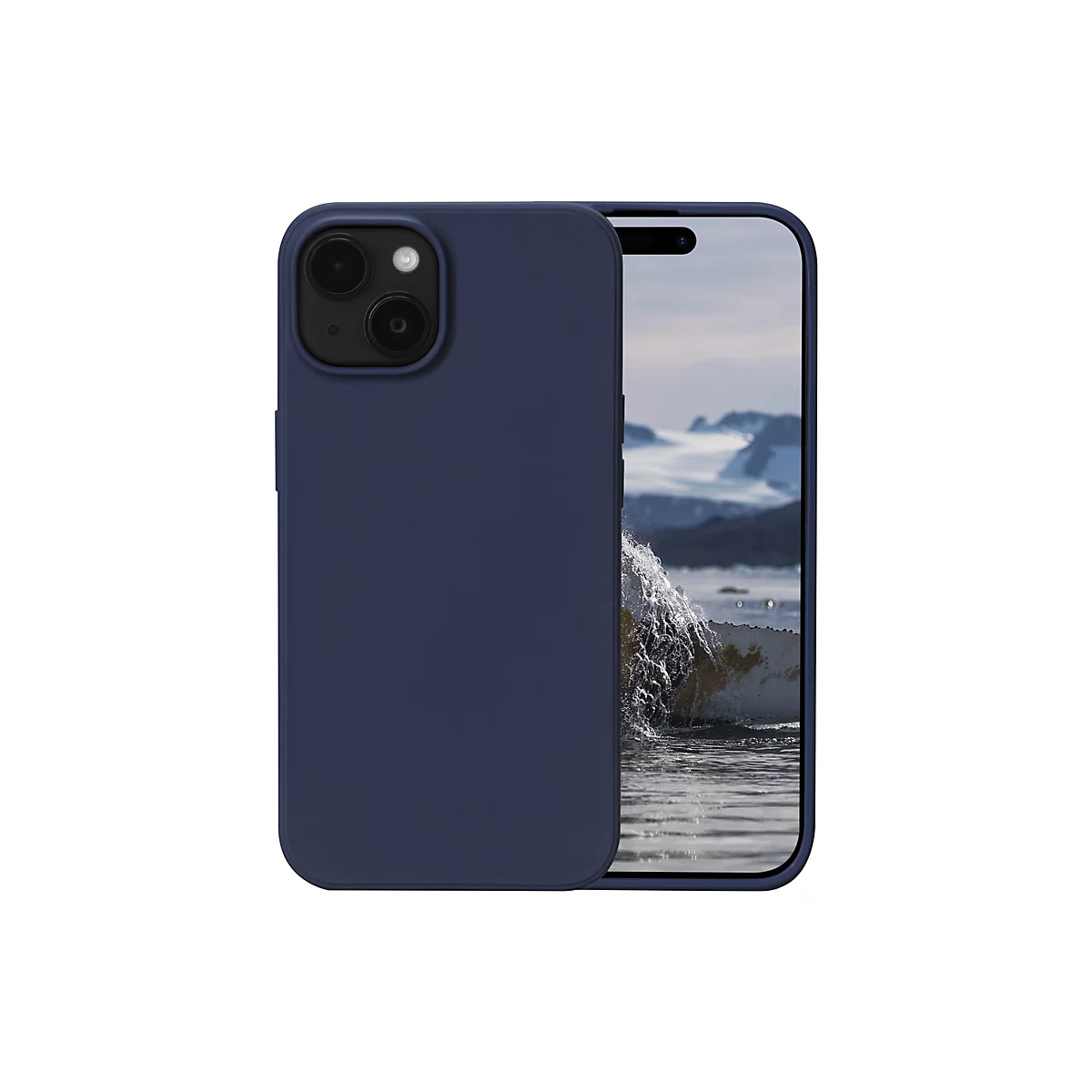 Ein dunkelblaues Smartphone mit Hülle, das einen Wasserspritzer an einer Küste zeigt.