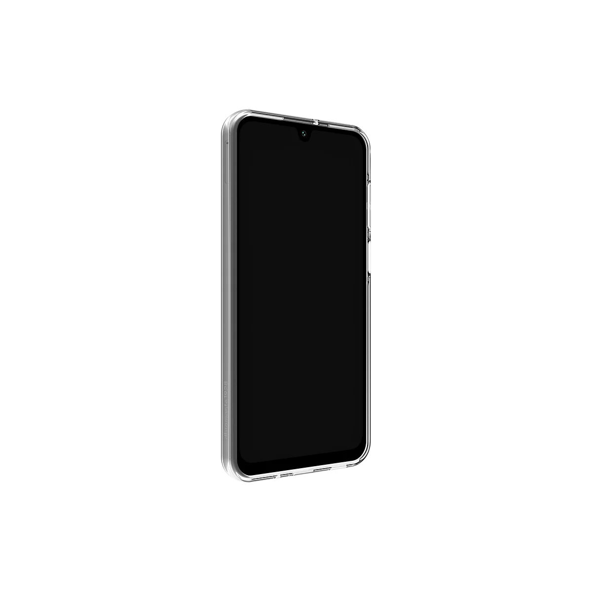 Ein Smartphone, in einer transparenten Schutzhülle, vor weißem Hintergrund. Die Hülle zeigt das Design des Telefons, mit sichtbarem Kamerabereich.