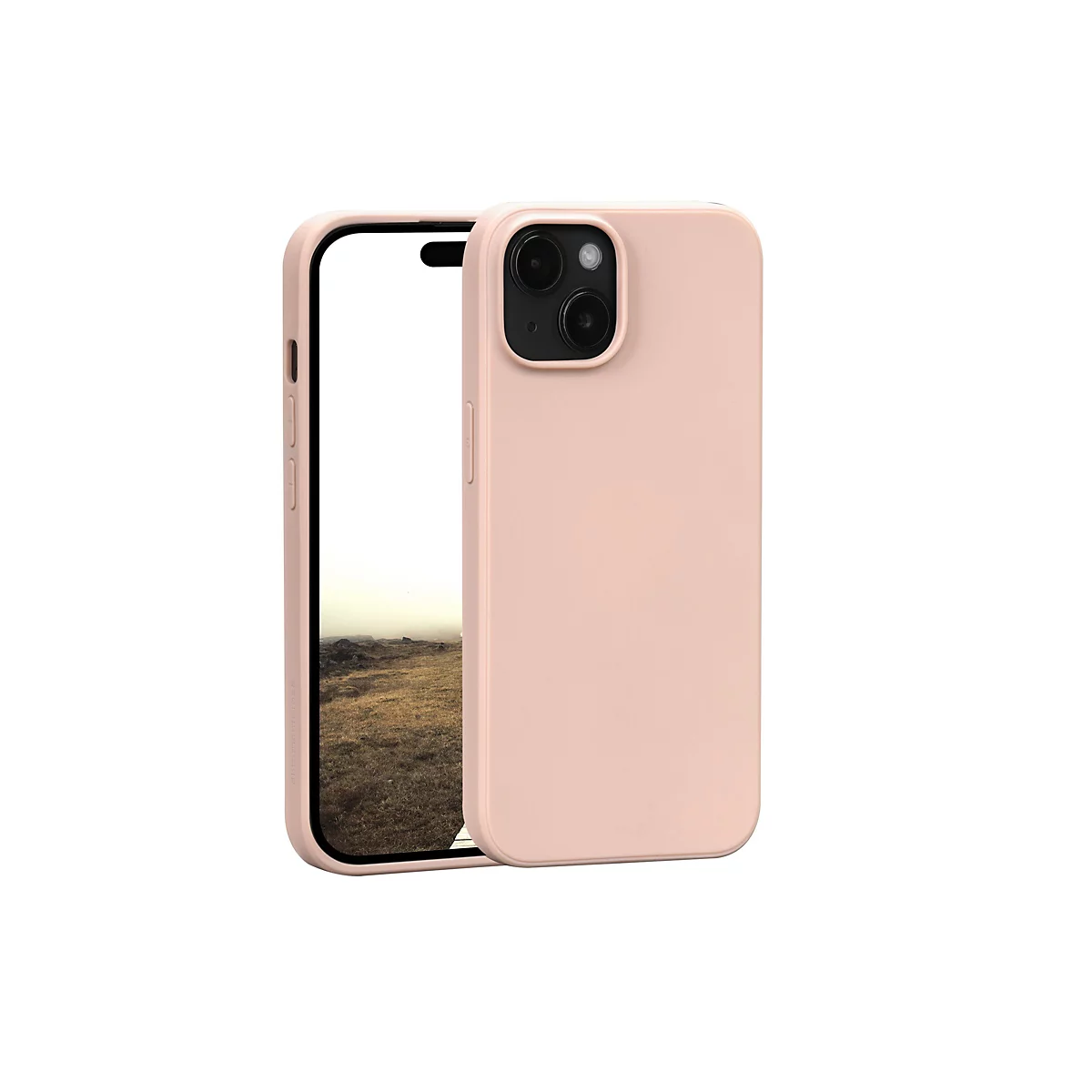 Hellrosa iPhone-Hülle. Das Handy wird in der Hülle gehalten. Der Hintergrund ist weiß.