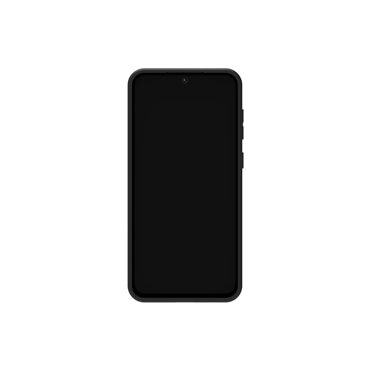 Ein schwarzes Smartphone vor weißem Hintergrund. Es hat einen schwarzen Bildschirm, eine Frontkamera und Tasten an der Seite.