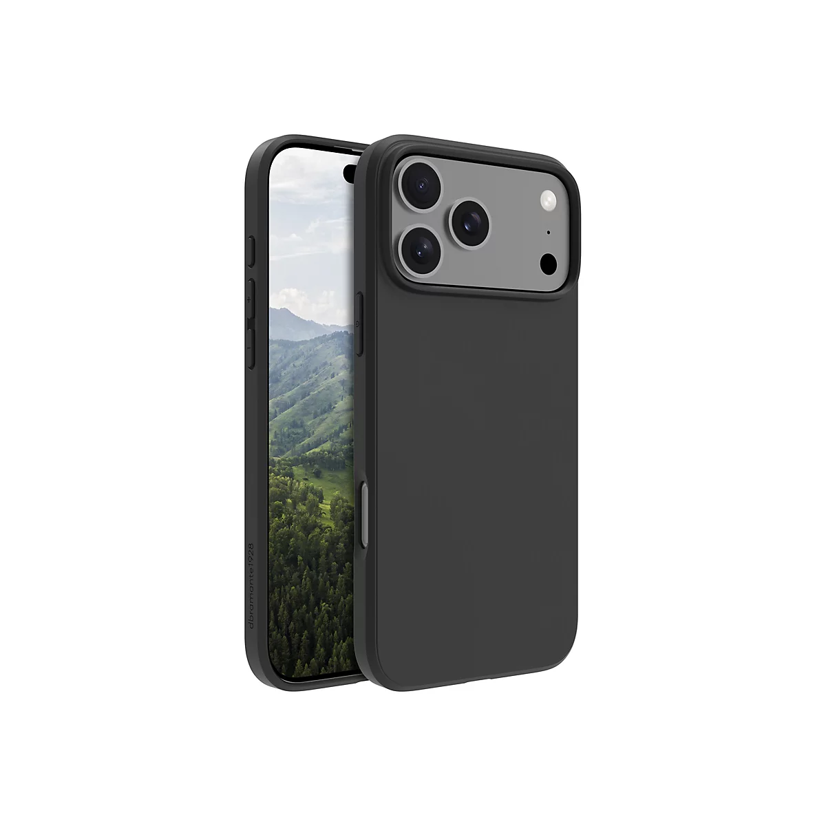 Ein schwarzes Smartphone mit einer schwarzen Schutzhülle, die das Telefon umschließt. Auf dem Bildschirm ist ein Landschaftsfoto zu sehen.