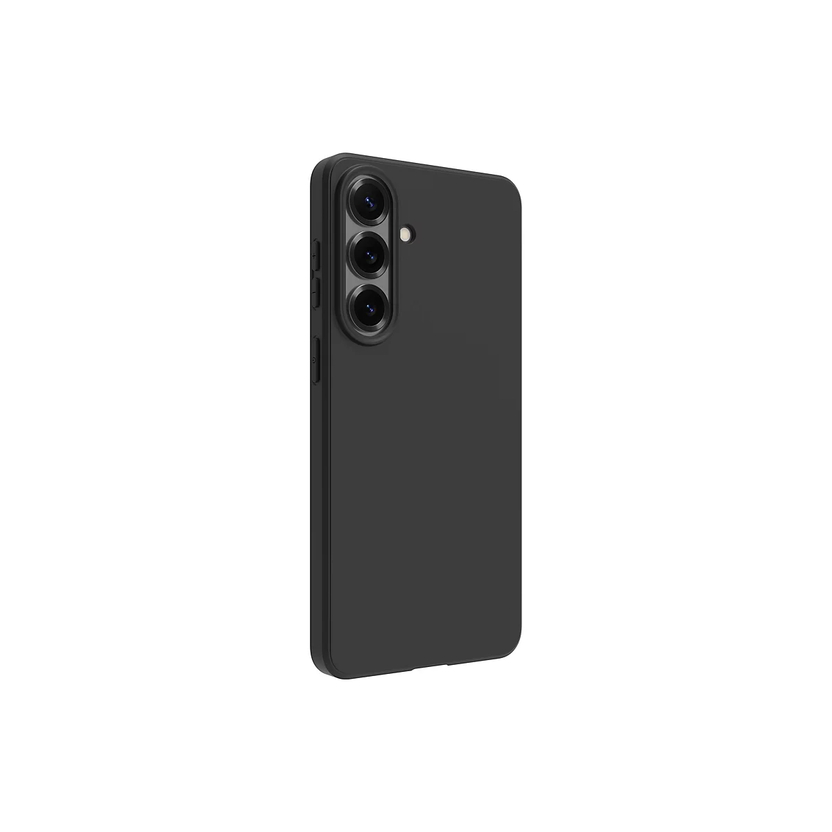 Smartphone noir avec coque de protection sur fond blanc. Trois caméras, boutons de volume et d'alimentation visibles.