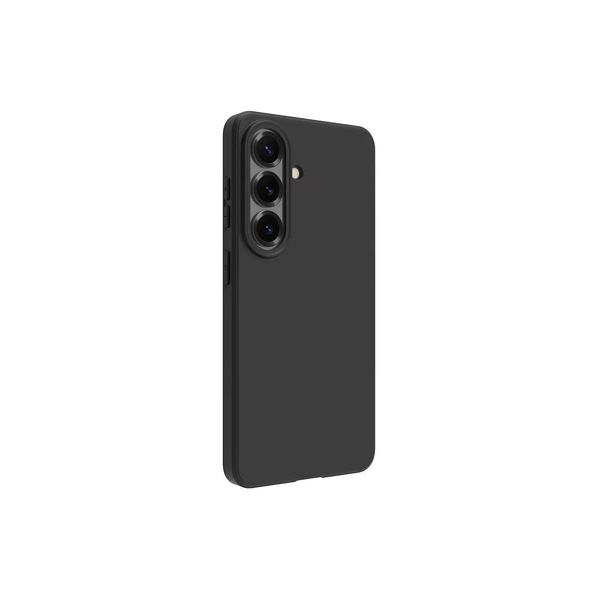 Coque de téléphone noire avec trois objectifs de caméra et des boutons sur le côté, sur fond blanc.