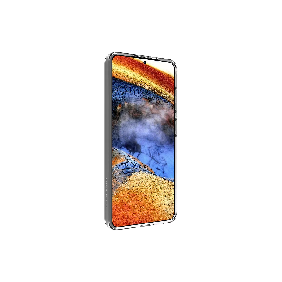 Un smartphone avec une coque transparente. L'écran affiche une image de paysage abstraite avec des tons de brun, de bleu et de jaune.