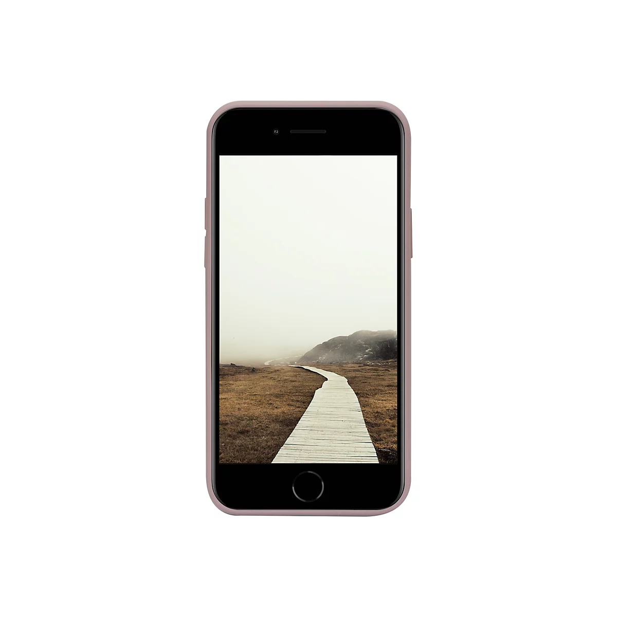 Ein Smartphone mit rosafarbenem Gehäuse zeigt eine Landschaft mit einem Holzsteg, der durch das Gras führt.