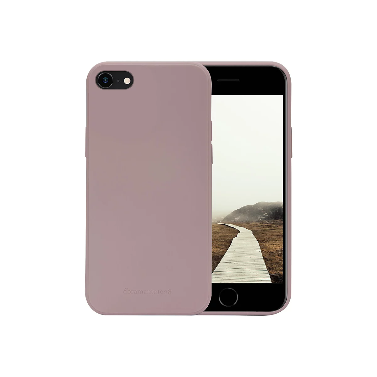 Ein staubrosafarbenes Handycase mit einem Smartphone, auf dessen Bildschirm ein Steg zu sehen ist.
