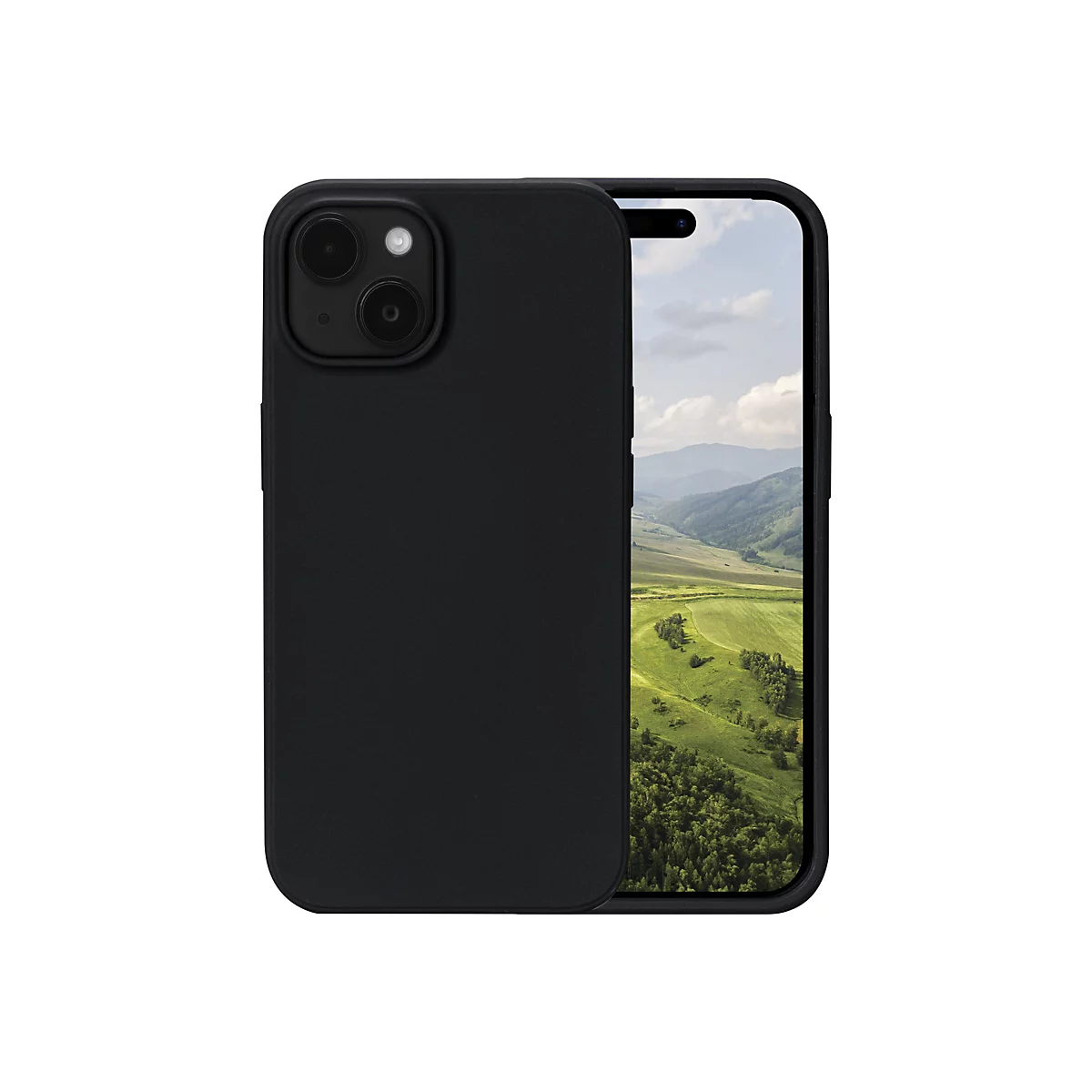iPhone noir avec coque, un paysage verdoyant s'affiche sur l'écran.
