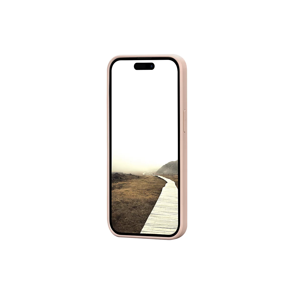 Un smartphone rose affichant une photo de paysage avec une promenade en bois.