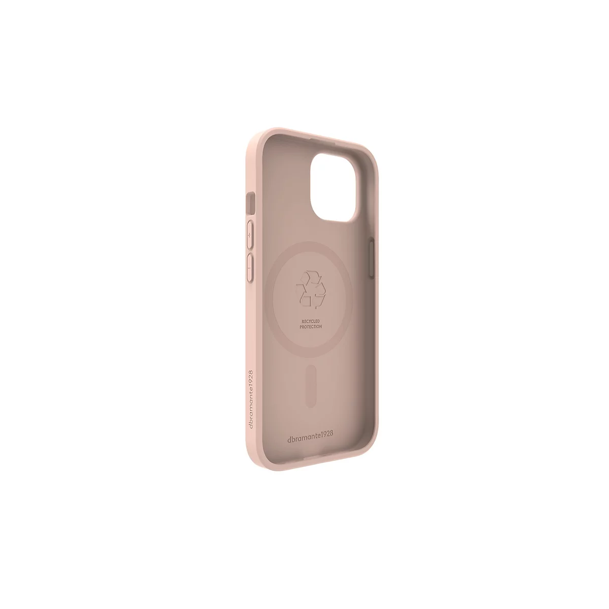 Beige Handyhülle, mit abgerundeten Ecken, und Aussparungen für Kamera und Knöpfe. Aufschrift: Recycled Protection, dbrand1928.