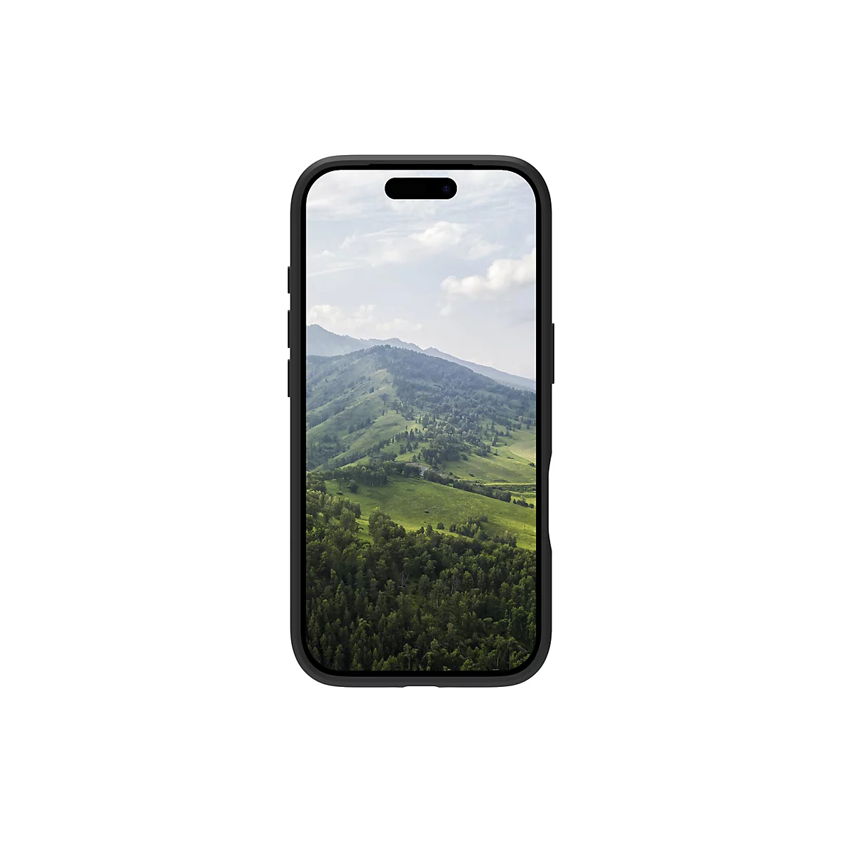 Schwarzes Smartphone mit Berglandschaft auf dem Display. Im Display grüne Berge unter blauem Himmel.