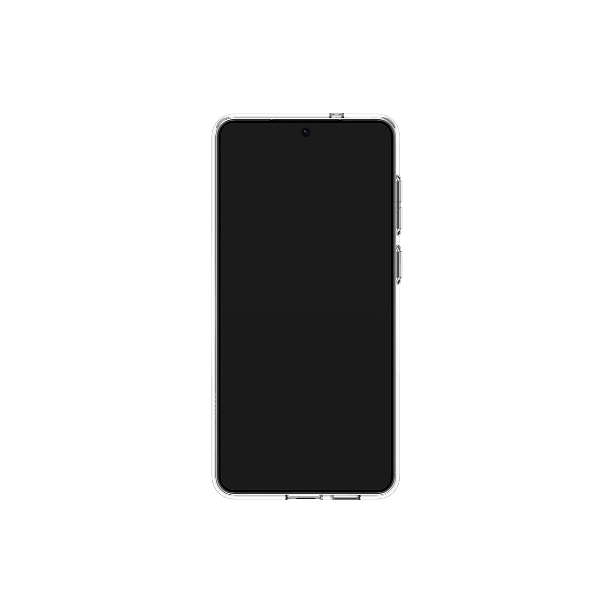 Smartphone in klarer Hülle. Auf weißem Hintergrund. Die Vorderseite ist schwarz.