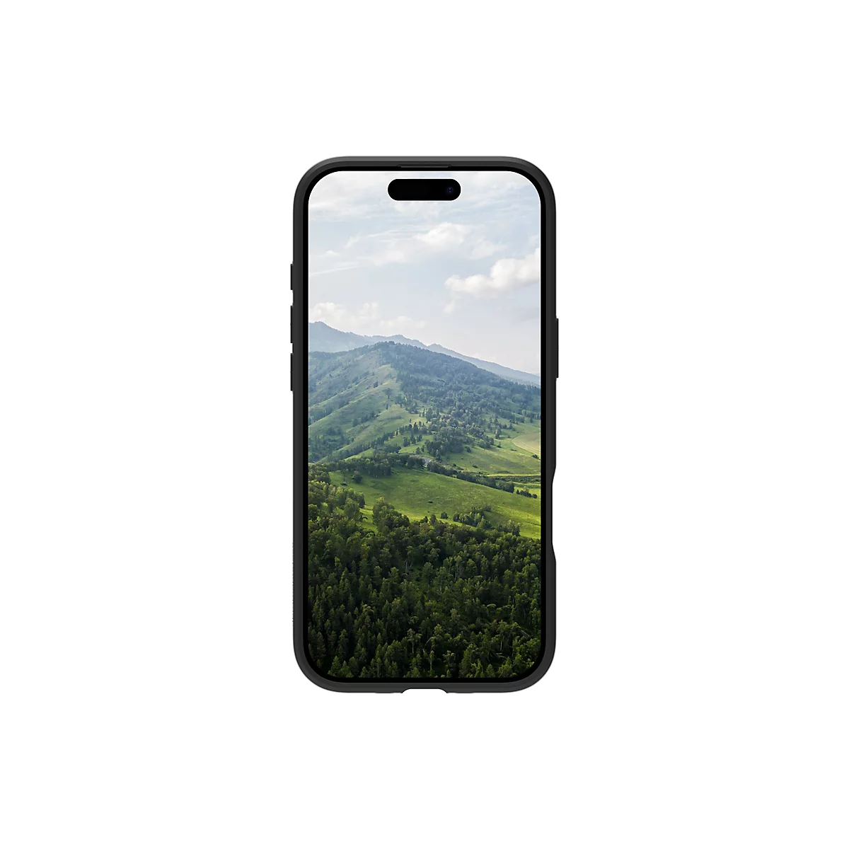 Ein schwarzes Smartphone mit Landschaftsbild auf dem Display. Berge und grüne Wiesen unter blauem Himmel.