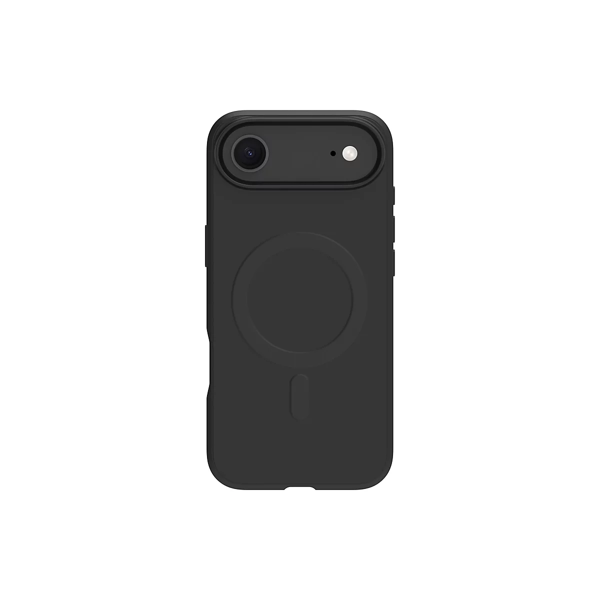Schwarze Handyhülle mit Kamera, MagSafe-Kreis und Aussparung.
