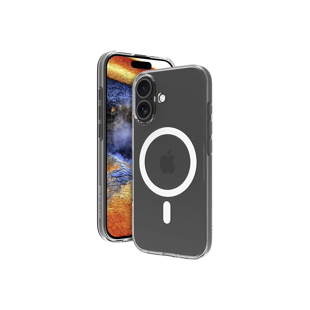 Ein iPhone in einer transparenten Schutzhülle, die Rückseite ist grau mit einem weißen Kreis und einem Apple-Logo.