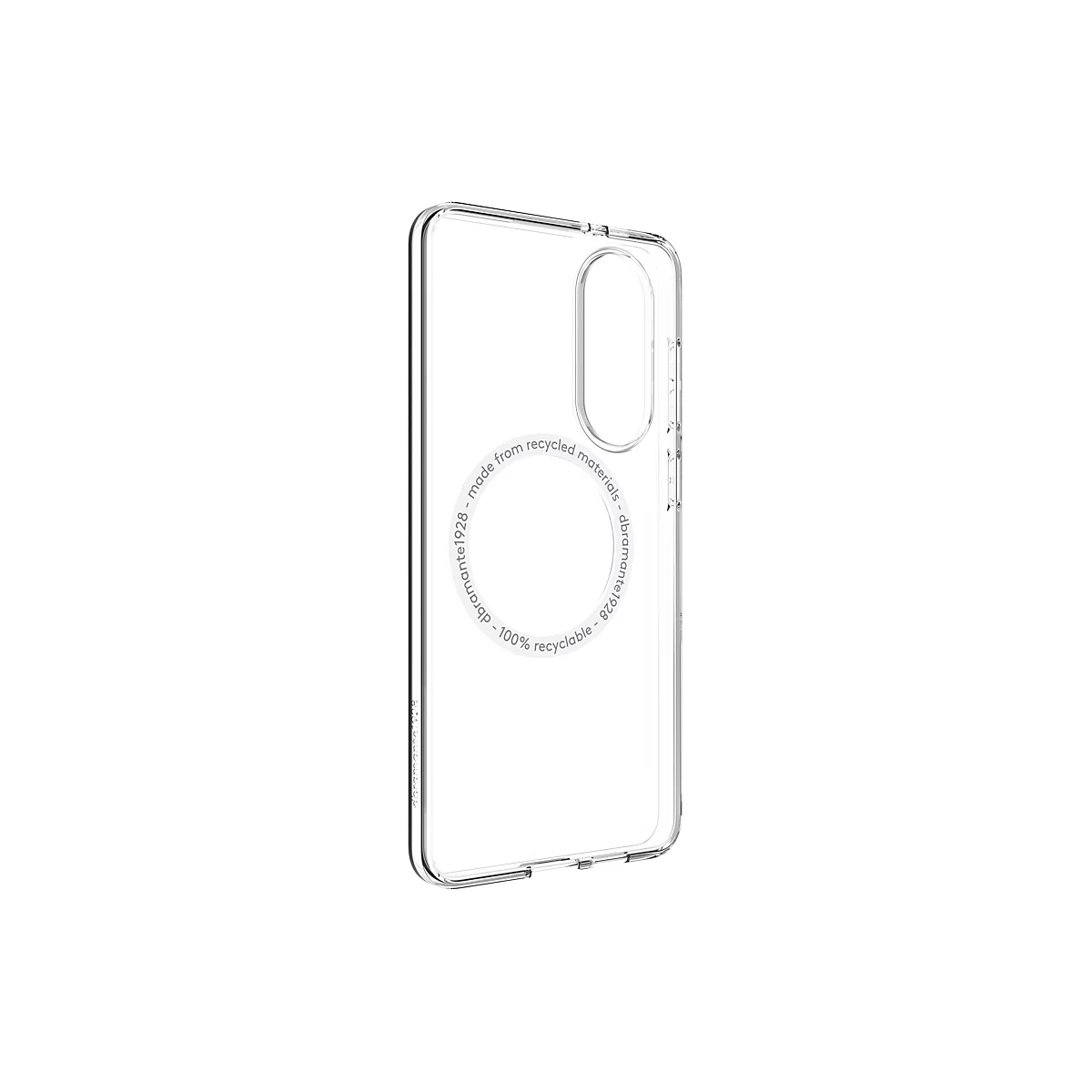 Transparente Handyhülle vor weißem Hintergrund. Mit Schriftzug: "Made from recycled materials".