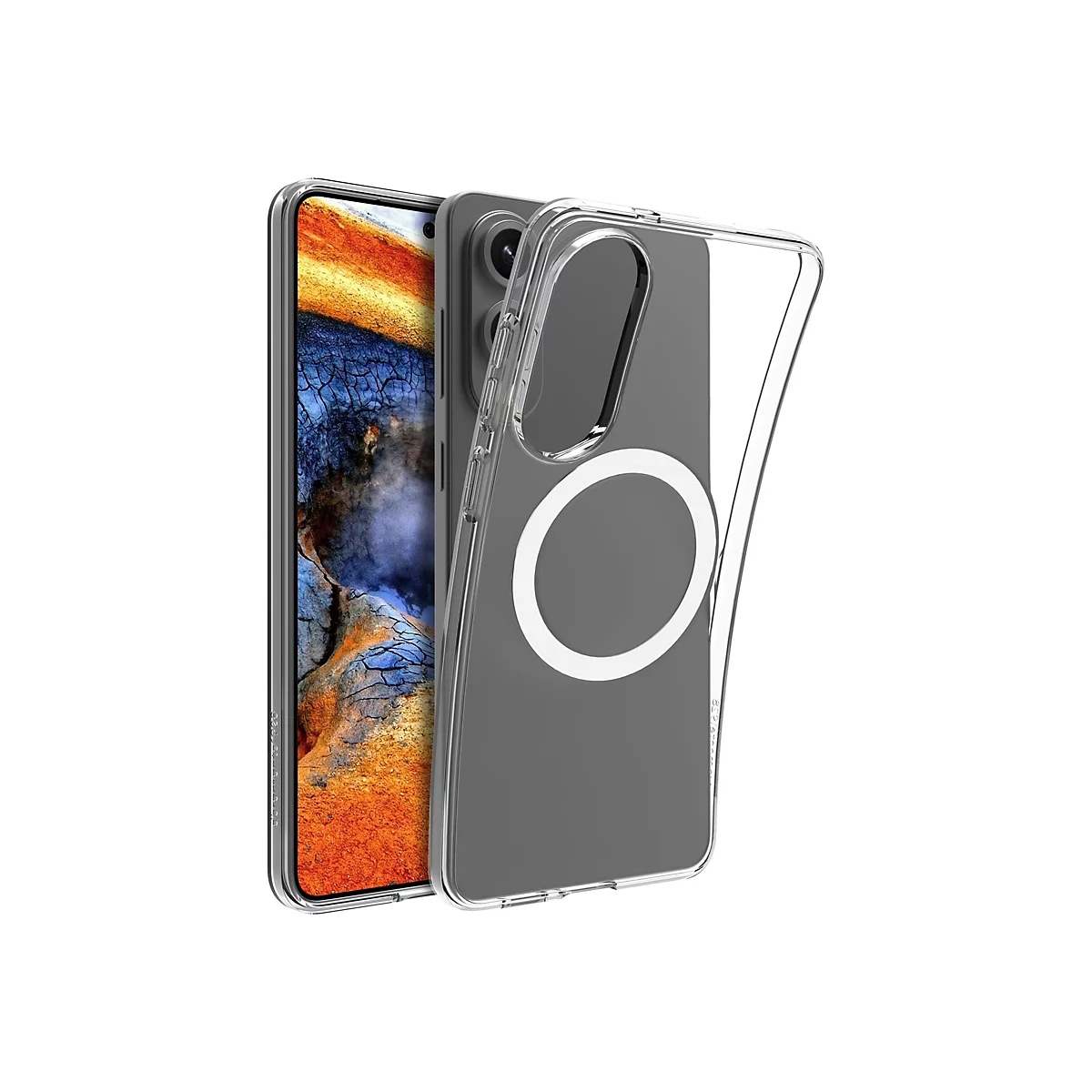 Ein Handy mit Schutzhülle, vor weissem Hintergrund. Die Hülle ist durchsichtig mit einem weissen Ring auf der Rückseite.