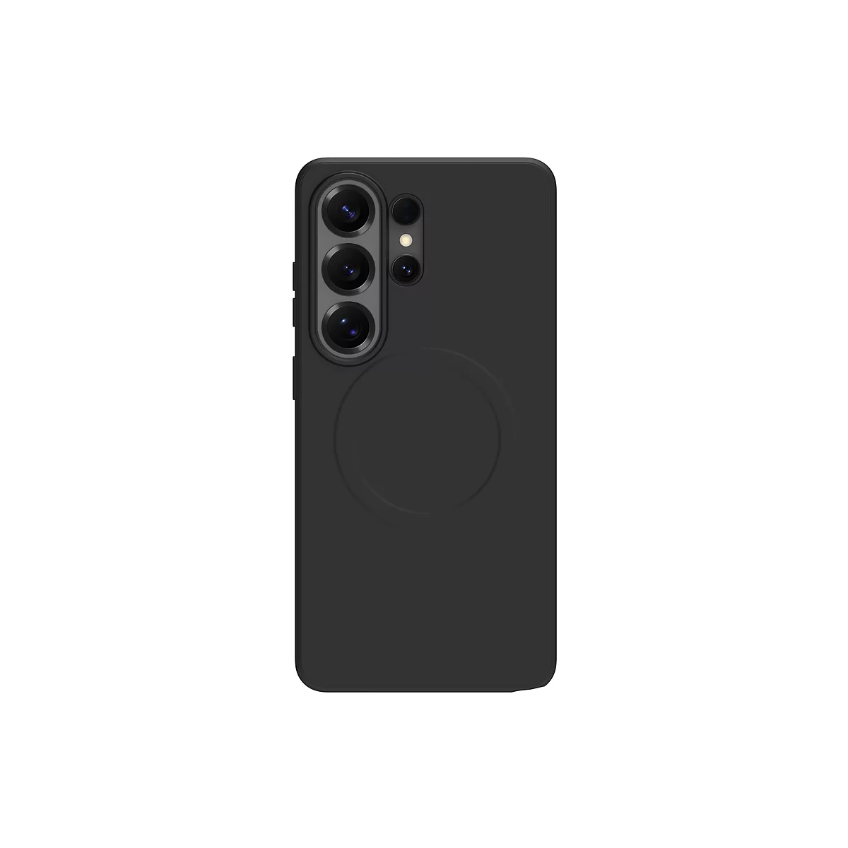 Coque de smartphone noire avec découpe pour appareil photo et élément rond au dos.