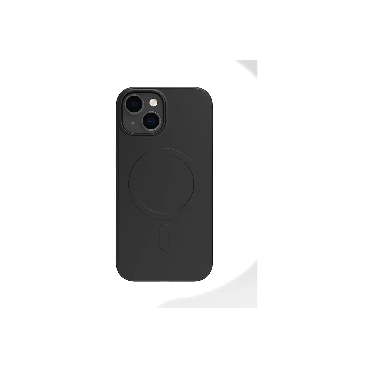 Coque de téléphone noire pour iPhone. Dos avec deux objectifs et cercle MagSafe.